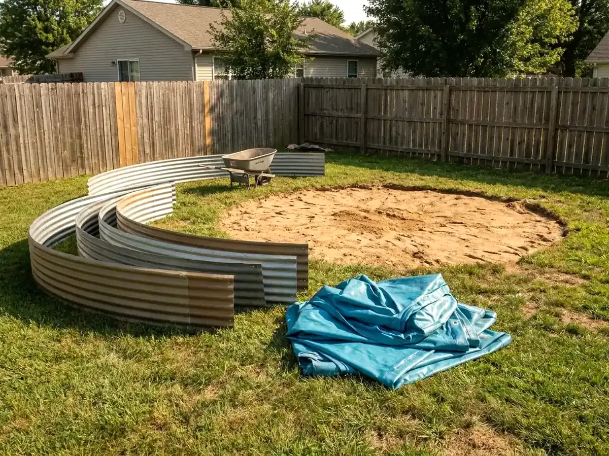 An above ground pool half taken apart, its steel wall panels and liner on the lawn