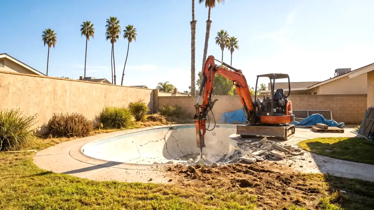 A small excavator breaking out a plaster pool in a California backyard with palm trees