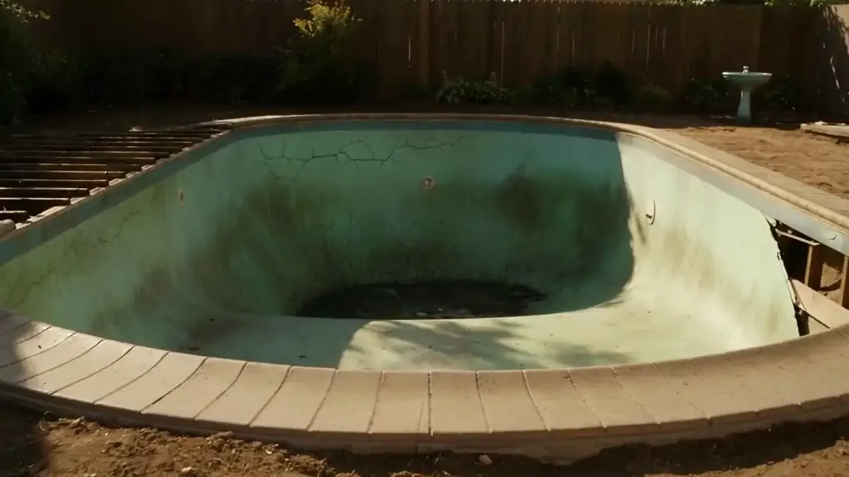 Before pool removal: an empty concrete pool with cracked, stained plaster