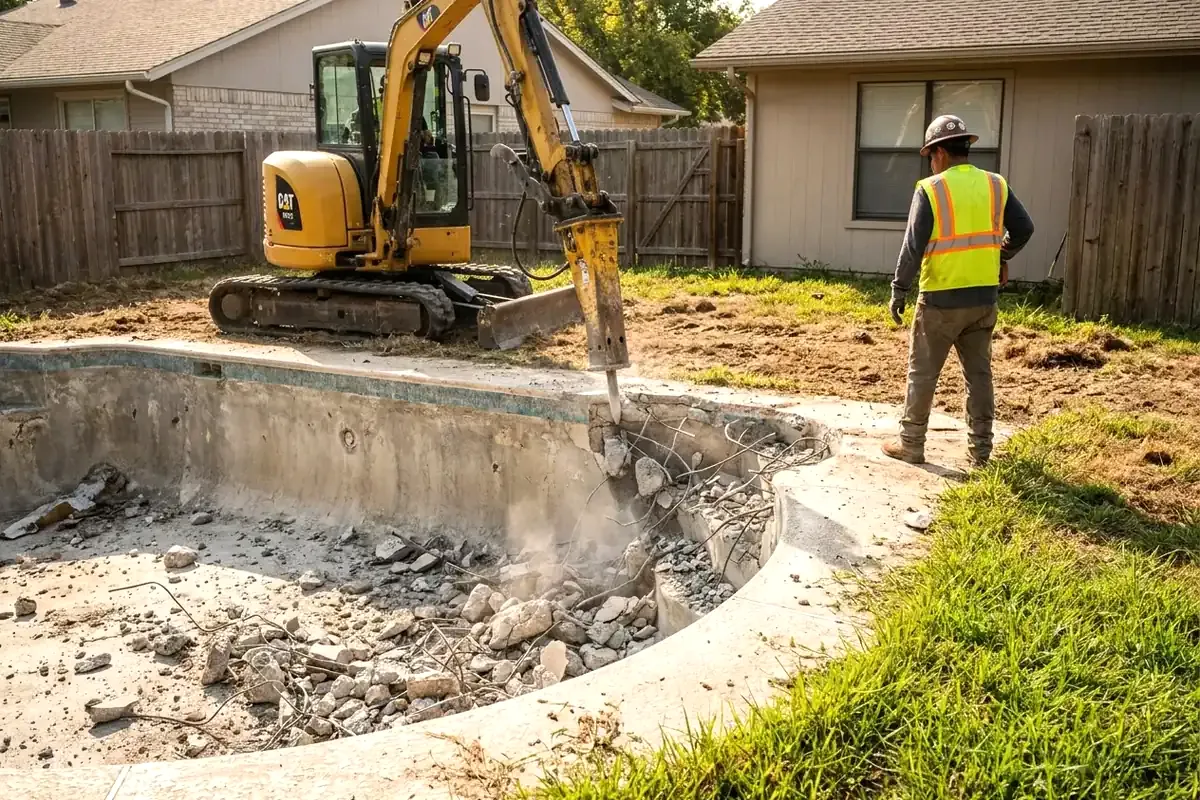 An excavator breaking up the concrete walls of an empty pool