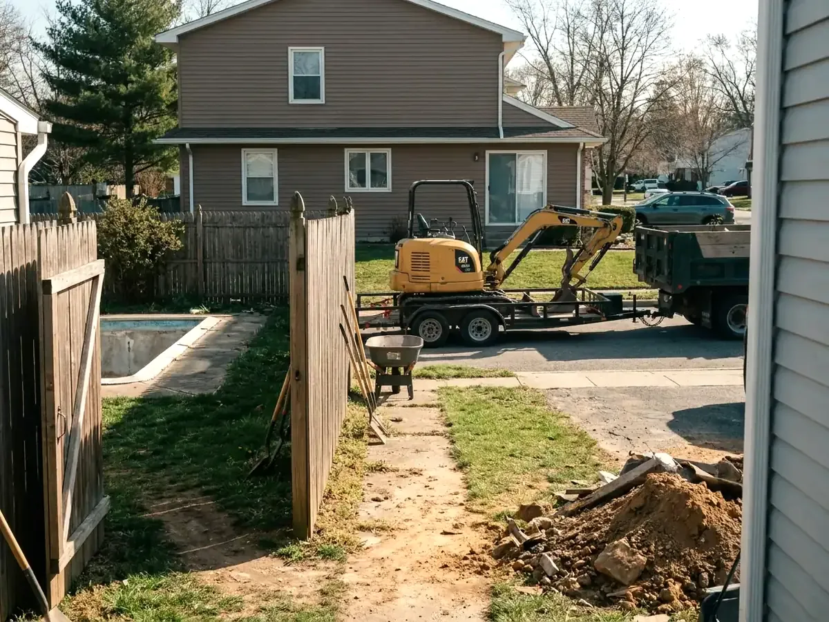 A pool demolition contractor's excavator and dump truck parked outside a house