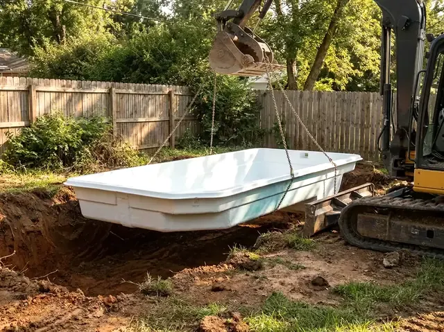 A one-piece fiberglass pool shell lifted out