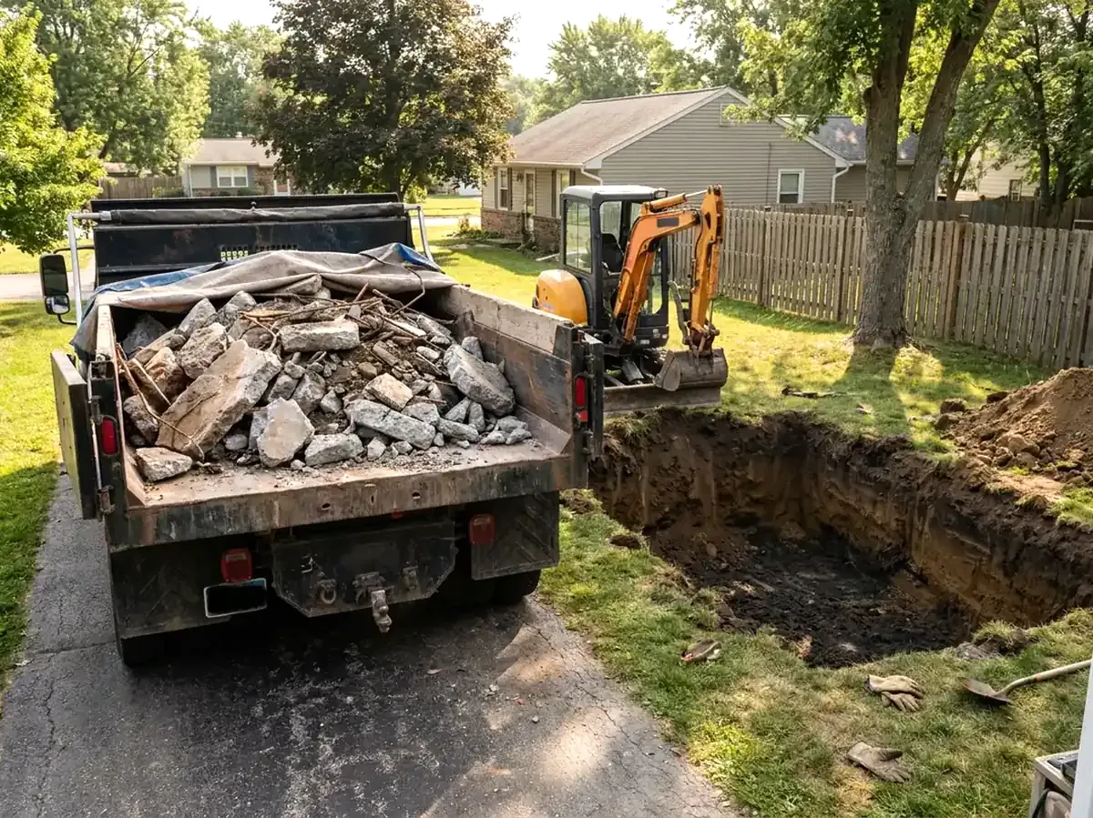 Full pool removal: a dump truck loaded with the broken pool shell beside the empty hole