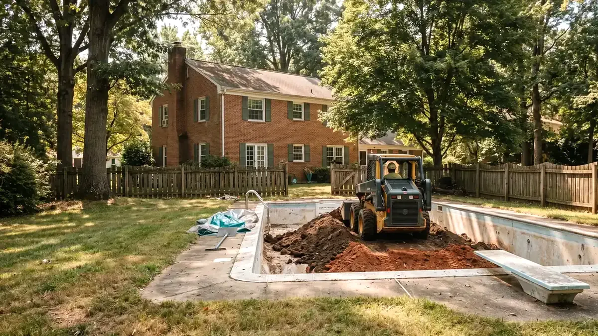 A skid steer filling in an old pool behind a brick colonial house in Maryland
