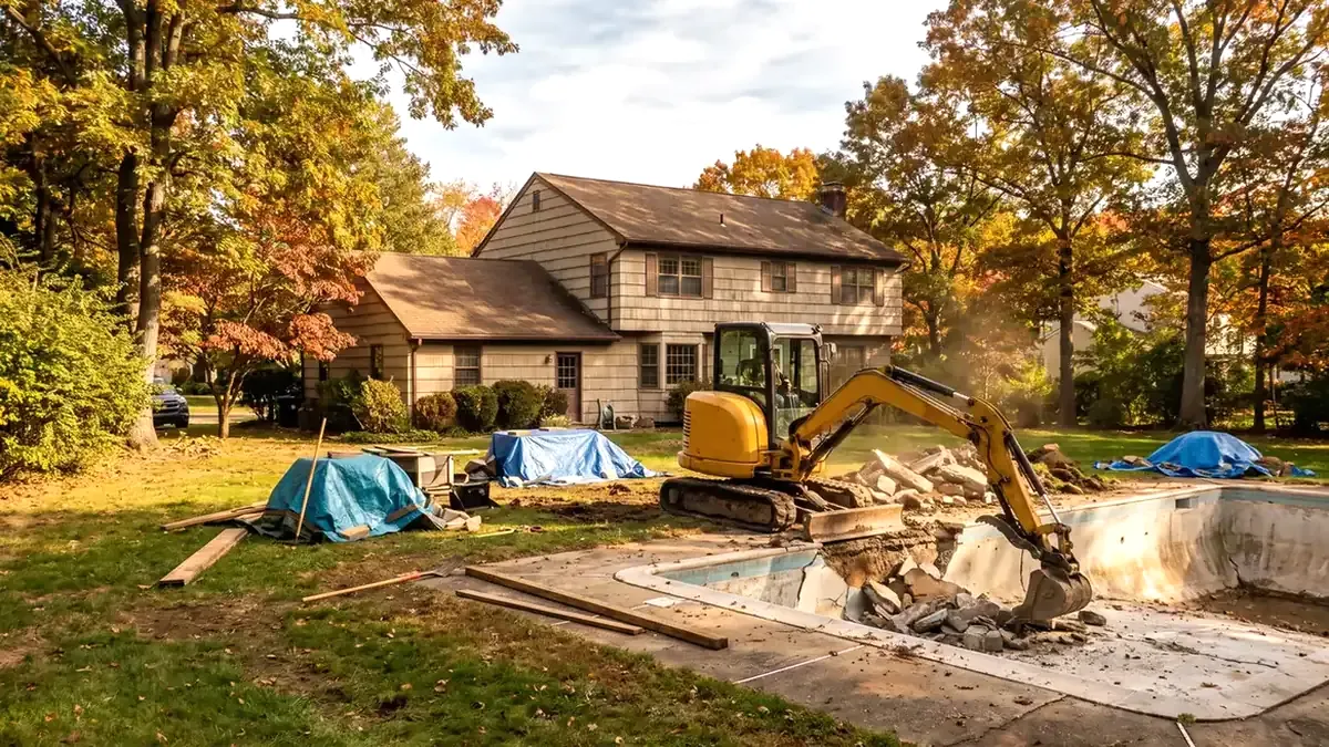 An excavator breaking out an old concrete pool behind a colonial house in a New Jersey suburb