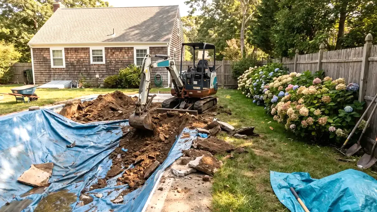 A mini excavator taking out a vinyl liner pool behind a shingled Long Island house