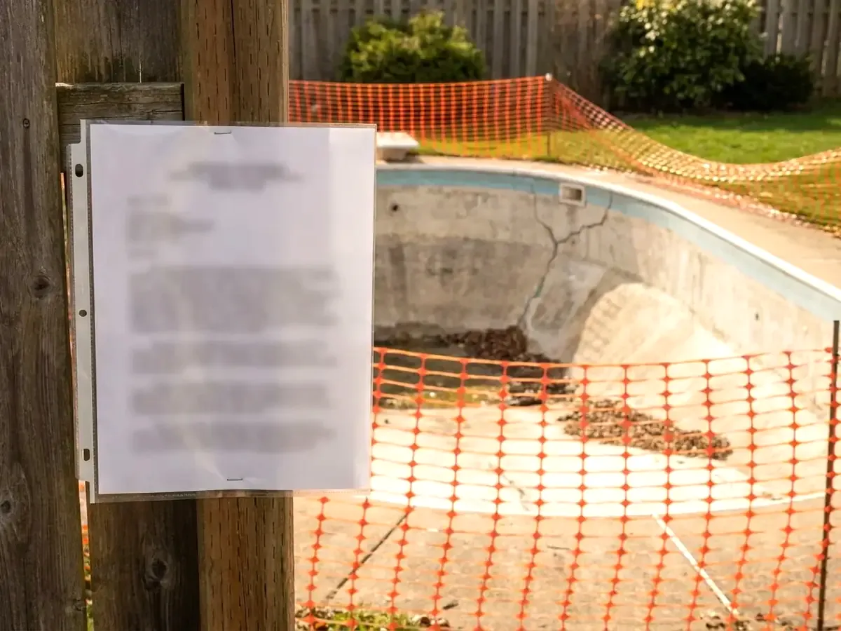 A permit in a plastic sleeve stapled to a backyard fence beside an emptied pool