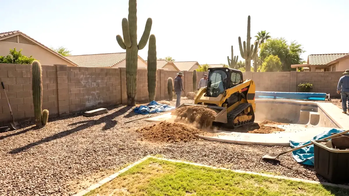 A loader filling in a pebble-finish pool in a Phoenix desert backyard