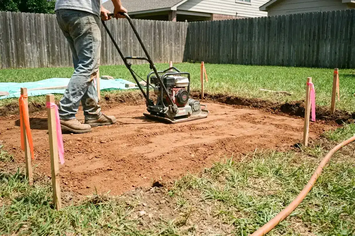 A plate compactor packing fill dirt where a pool was