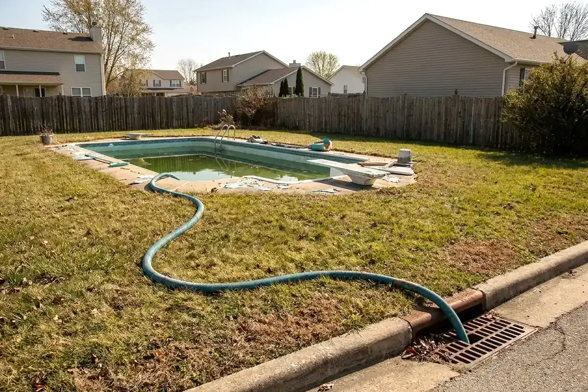 A pump hose draining a backyard pool