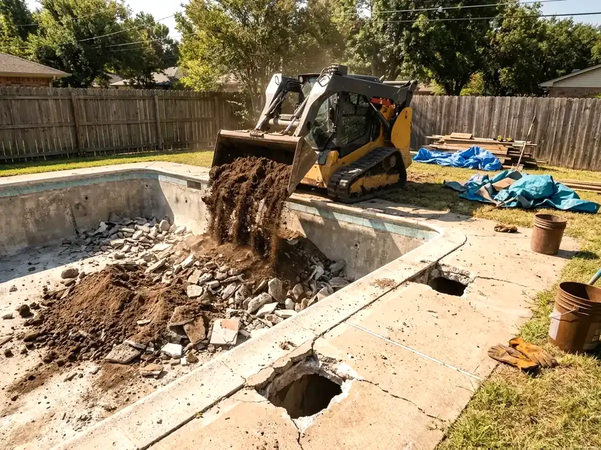 Pool fill in: fill dirt going into a broken-out concrete pool