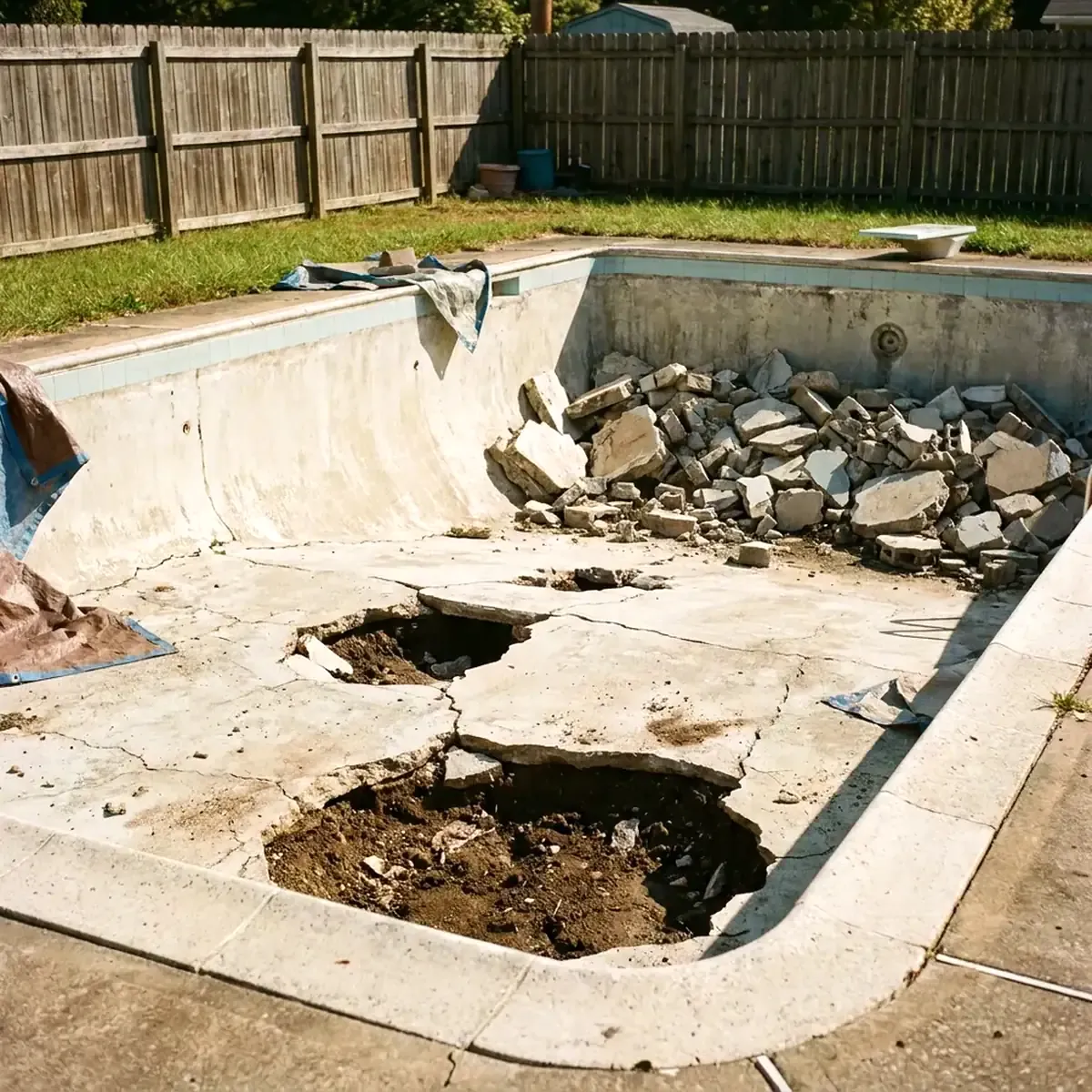 Holes broken through the floor of an emptied concrete pool