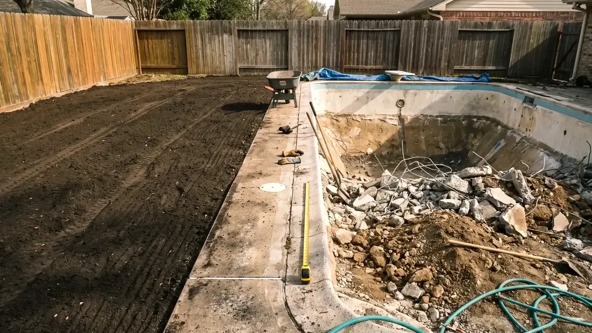 Pool removal cost: a broken-up pool shell beside a leveled patch of fresh topsoil