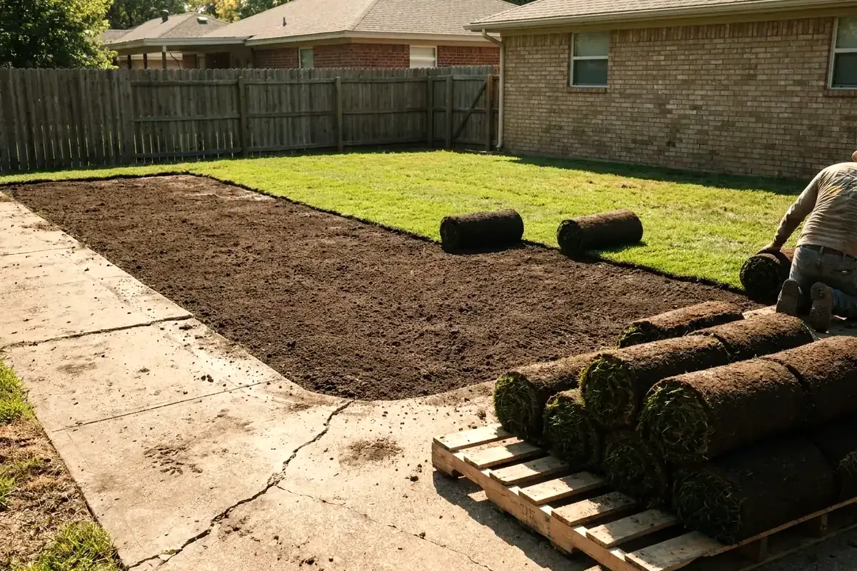 Rolls of sod laid over leveled topsoil where a pool was