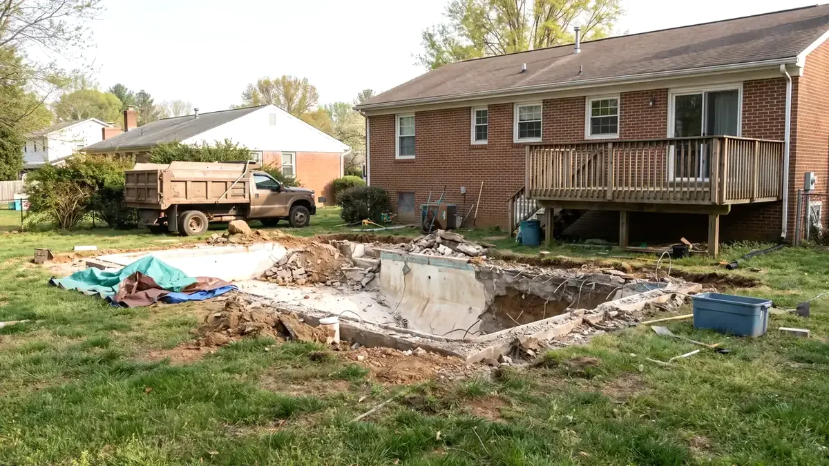 An emptied, broken-out pool in a Northern Virginia backyard with a dump truck beside the house